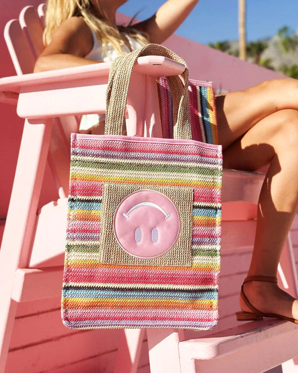 BRING ON THE FUN SMILEY WOVEN RAINBOW TOTE