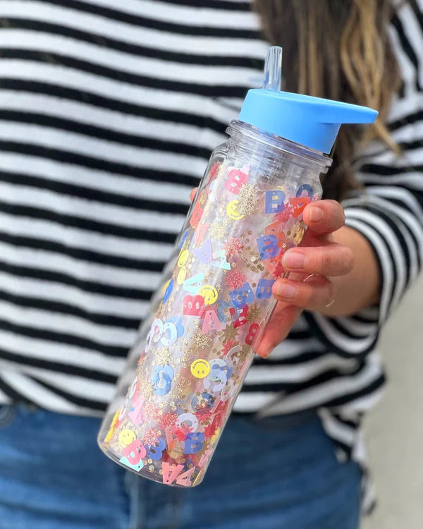 little letters confetti water bottle with straw