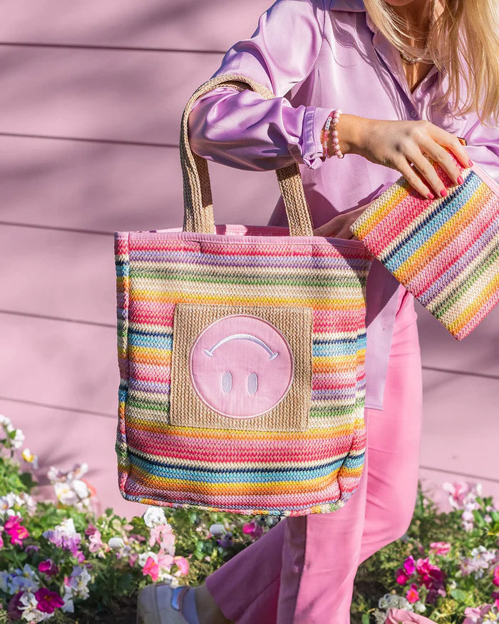 BRING ON THE FUN SMILEY WOVEN RAINBOW TOTE