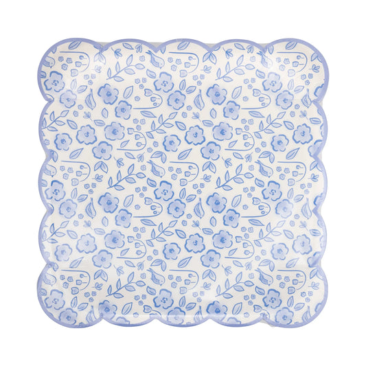 Plato de papel con flores azules